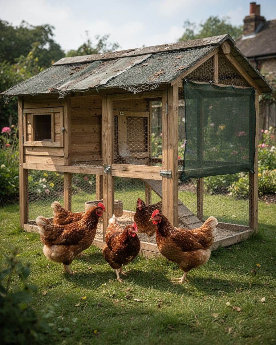 Three hens stand inside a covered chicken run in a sunny garden.