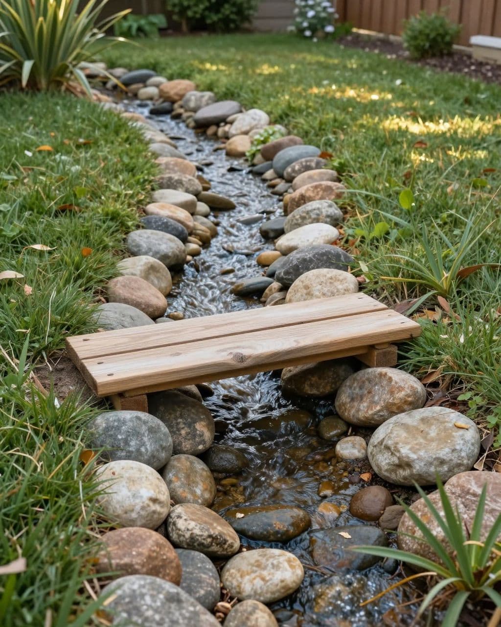 A wooden footbridge crosses a stone-lined drainage creek in a planted backyard.