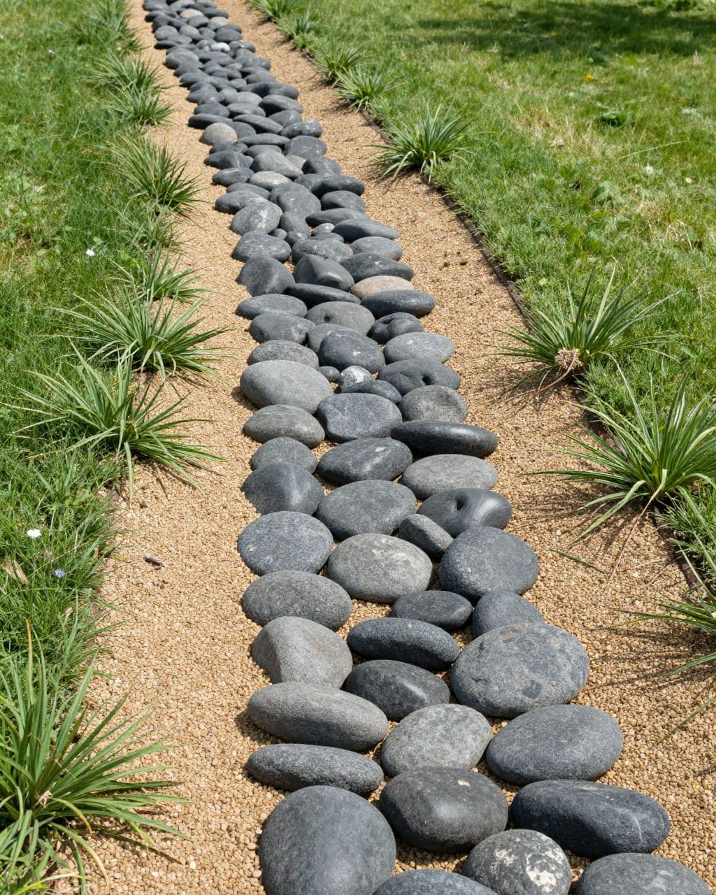 A curved gravel creek bed separates a lawn from flower beds with low native plants.