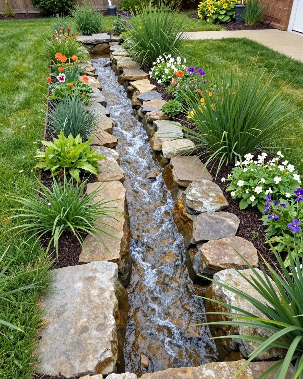 A stone creek bed flows into a planted rain garden beside a lawn and patio.
