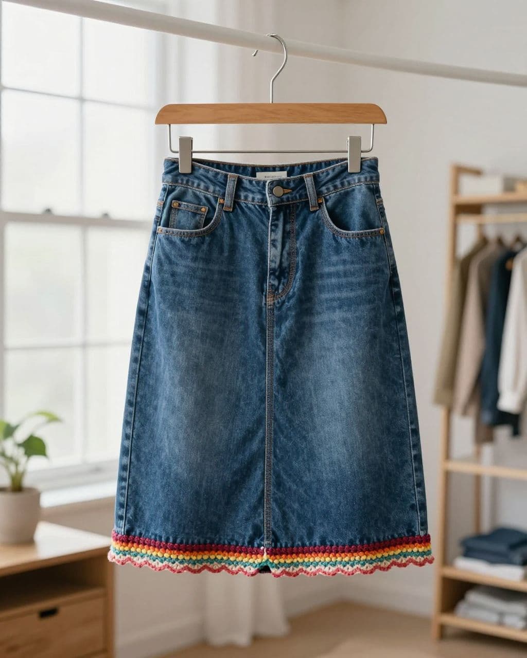 A denim skirt with colorful crochet trim hangs on a wooden hanger.