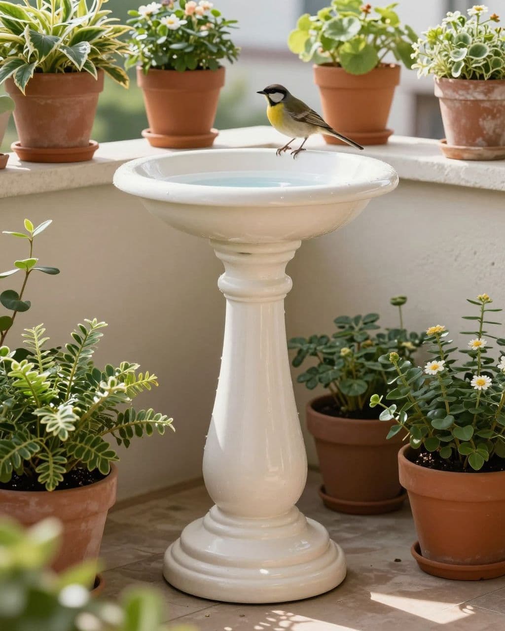 A small bird stands beside a saucer bird bath on a balcony.
