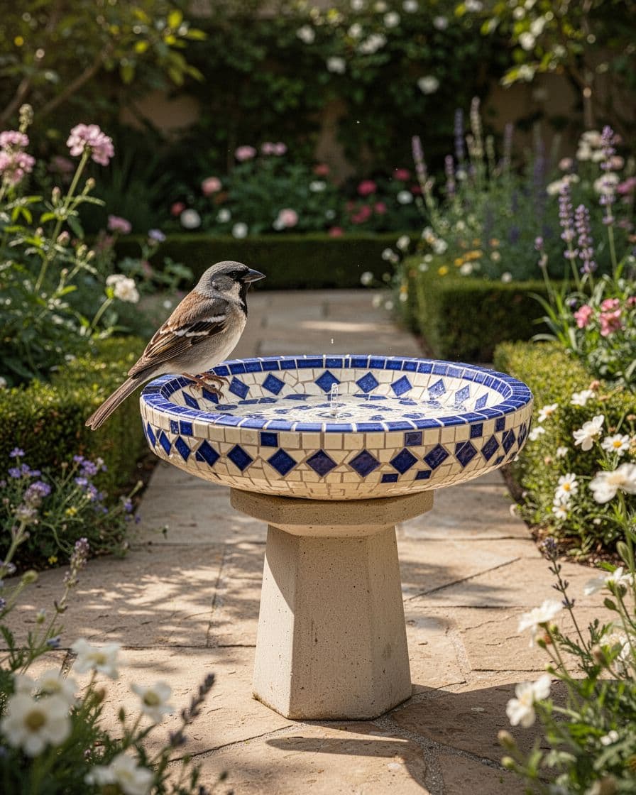 A blue and cream mosaic bird bath with one bird in a sunny patio garden.