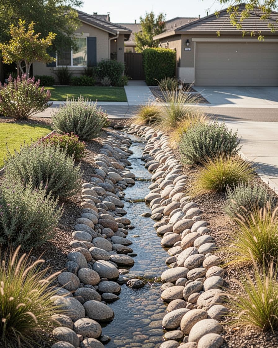 A rock-lined creek bed runs beside a driveway through a sunny front yard.