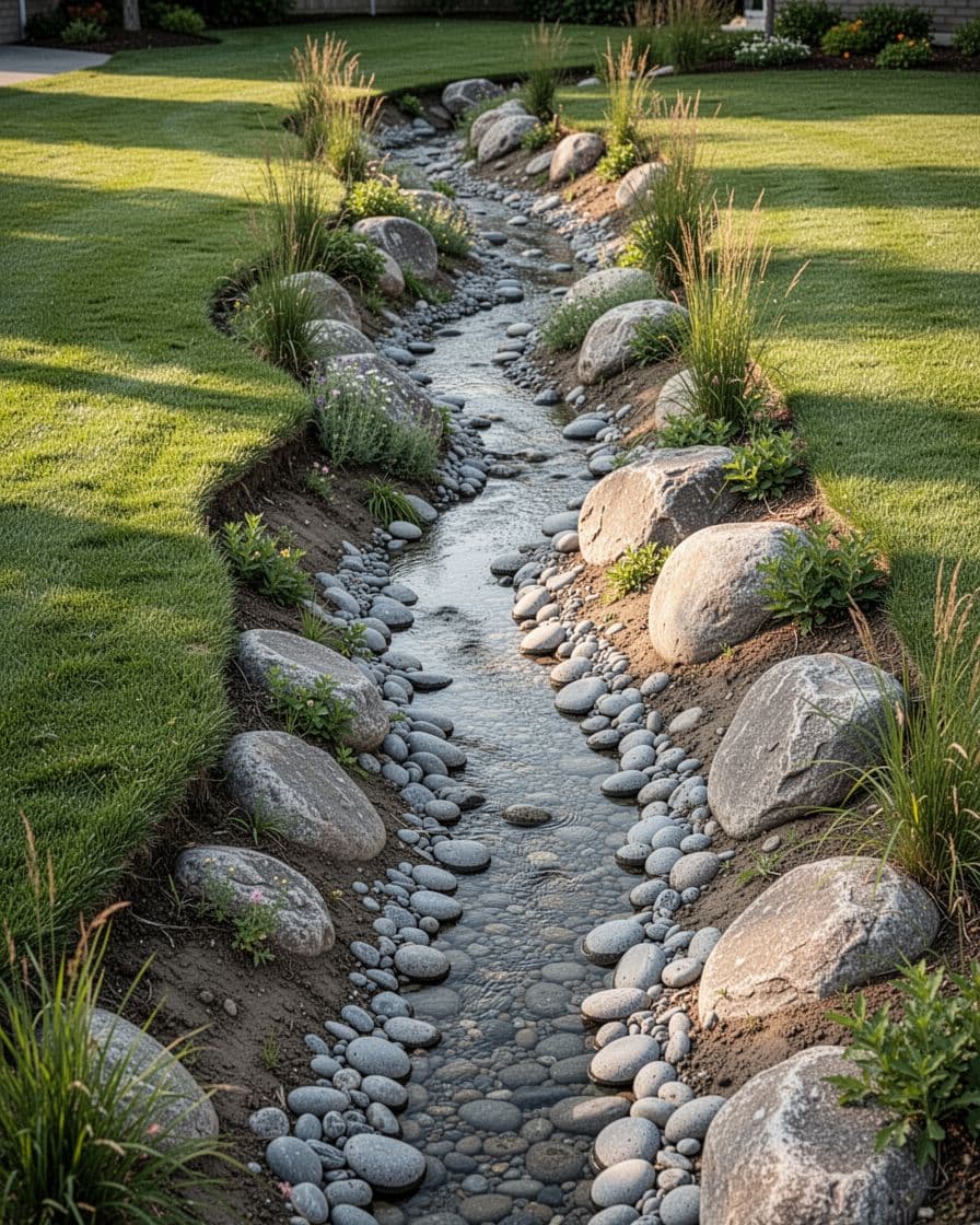 A winding rock-lined drainage channel beside a lawn with grasses along the edges.