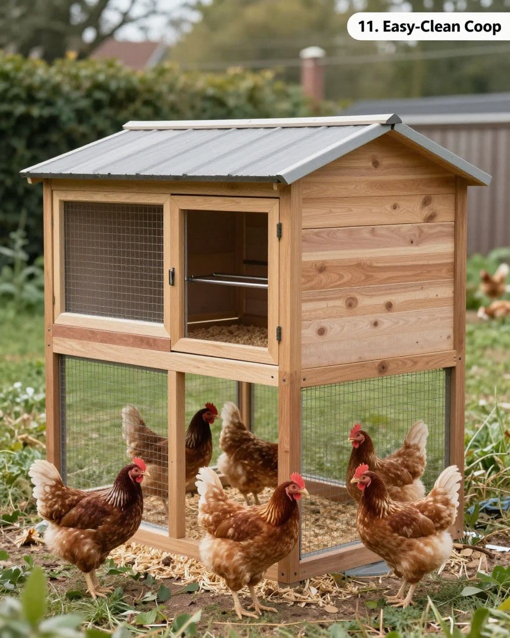Four hens stand in a clean run beside a coop with a large rear door.