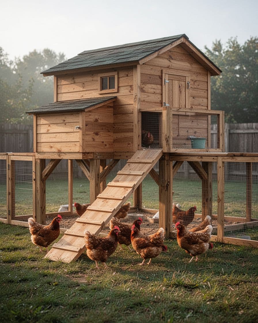 Raised wooden chicken coop with a ramp, secure run, and six hens.