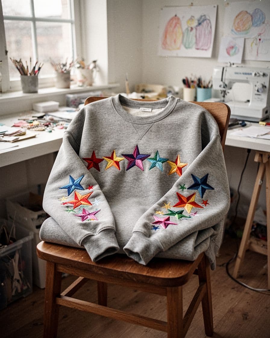 A folded gray sweatshirt with colorful star embroidery rests on a wooden chair.