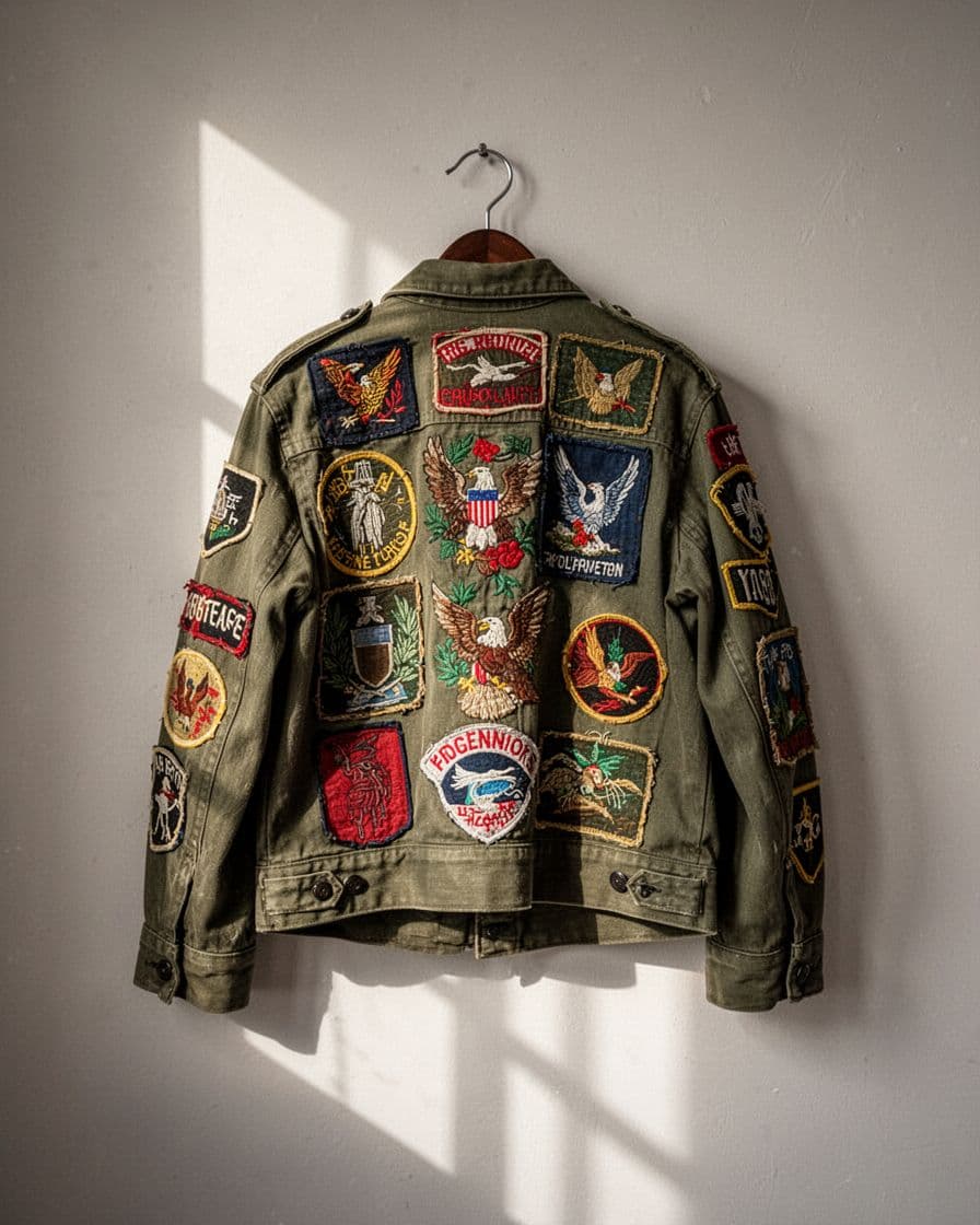 A vintage military jacket with colorful patches hangs on a neutral wall.