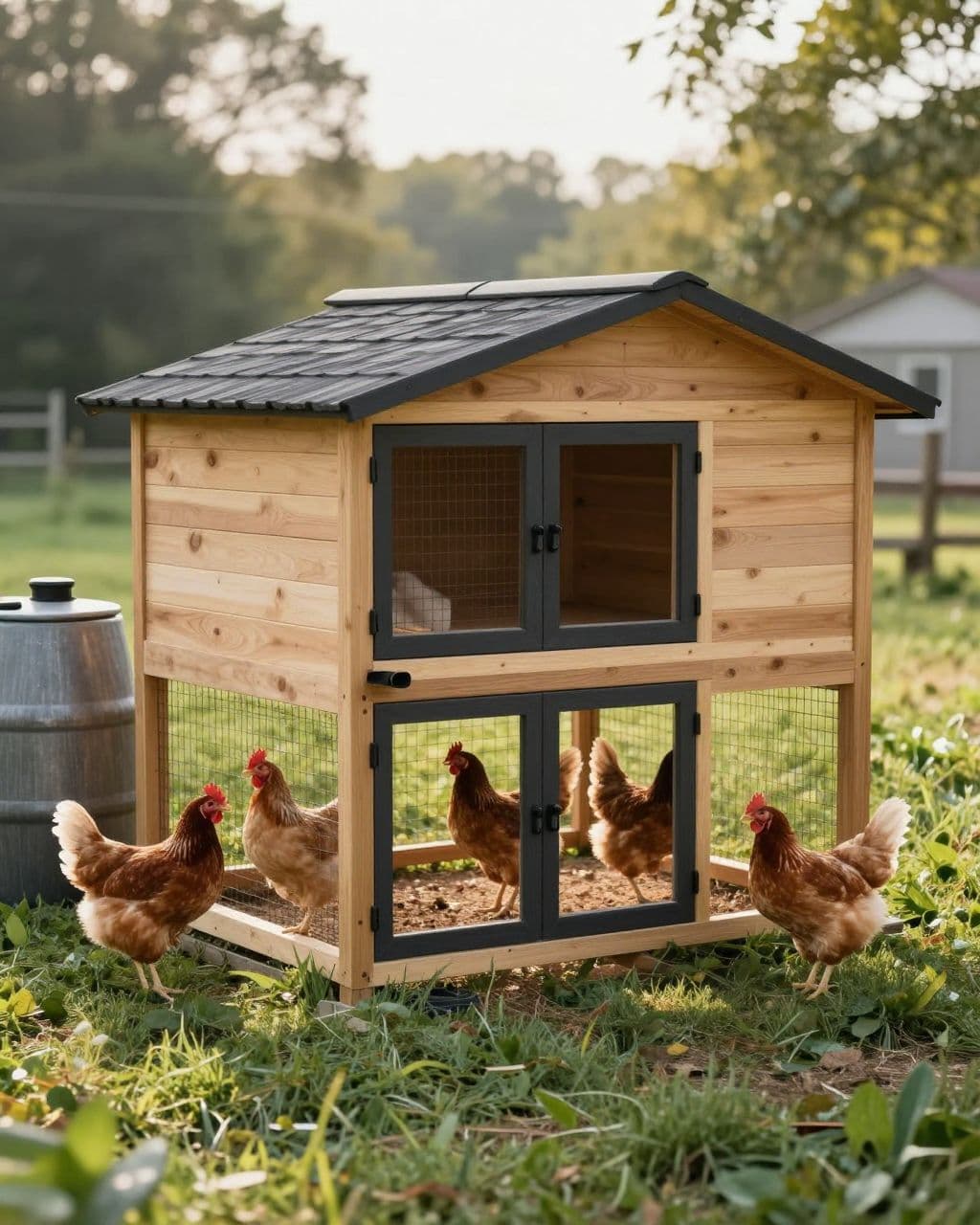 Farmhouse chicken coop with a covered run, rain barrel, and six hens.