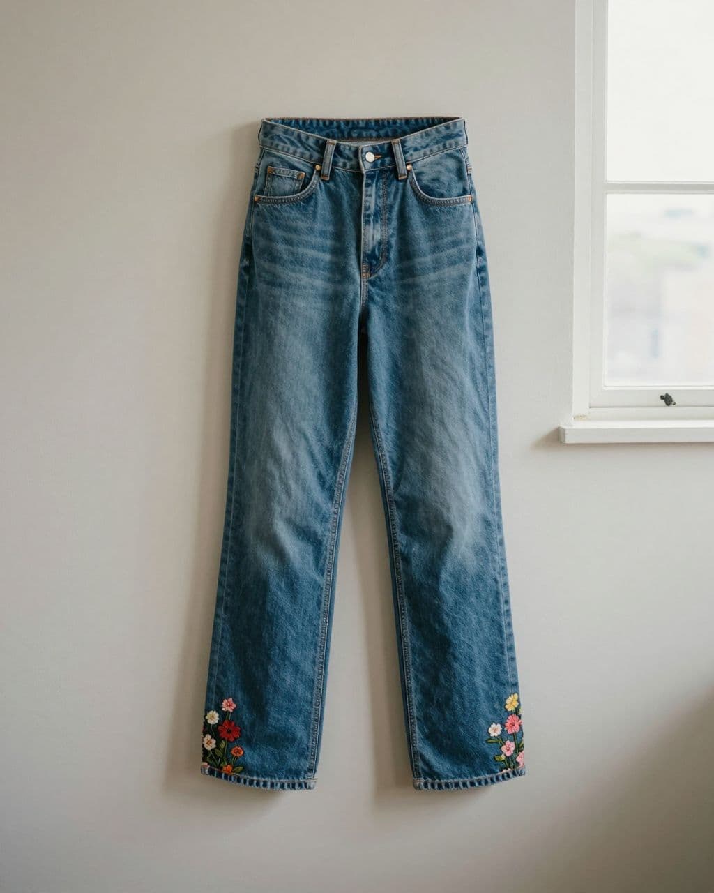 High-waisted jeans with floral fabric inserts at the ankles against a neutral wall.