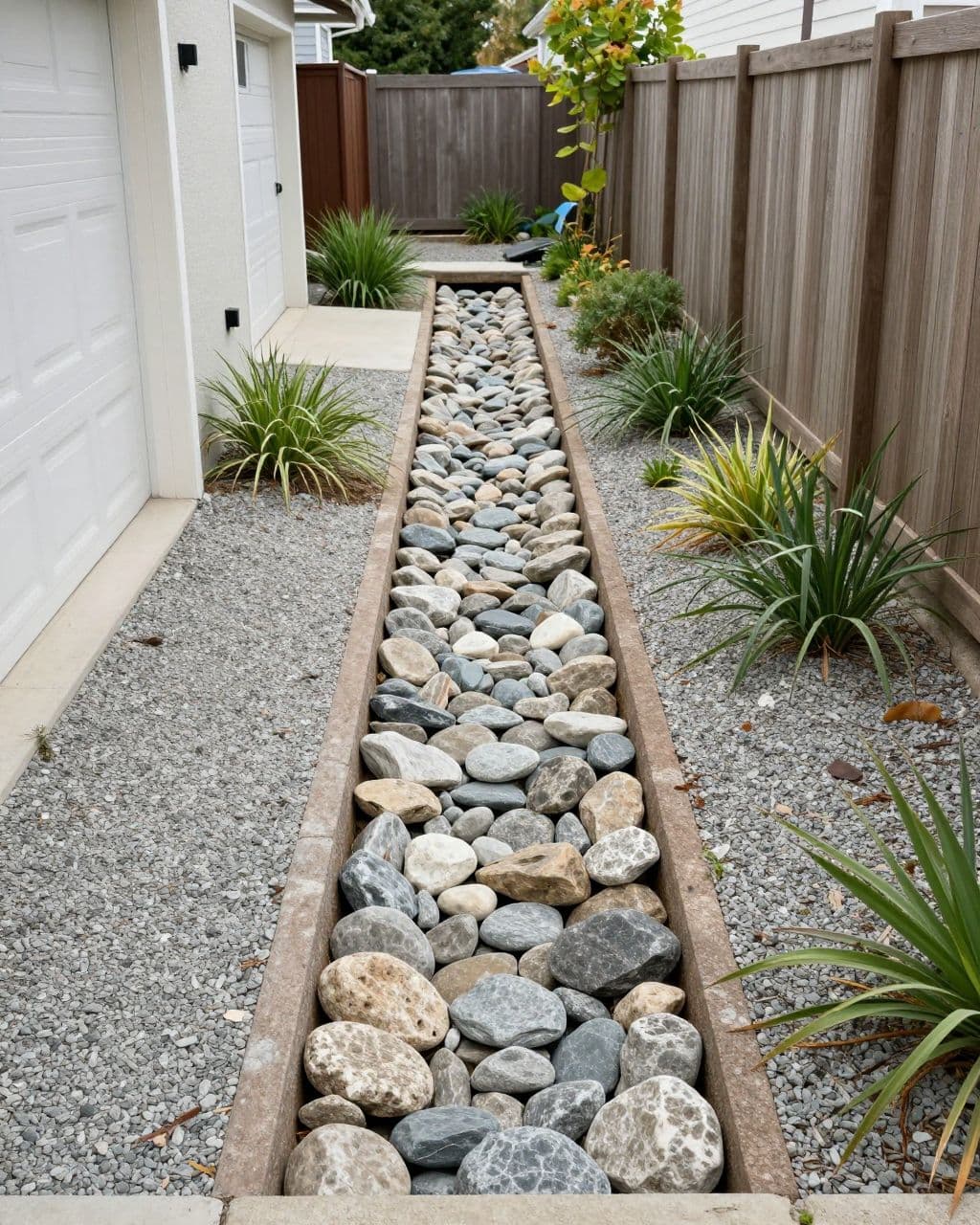 A rock-lined drainage channel runs beside a garage with plants along the edges.
