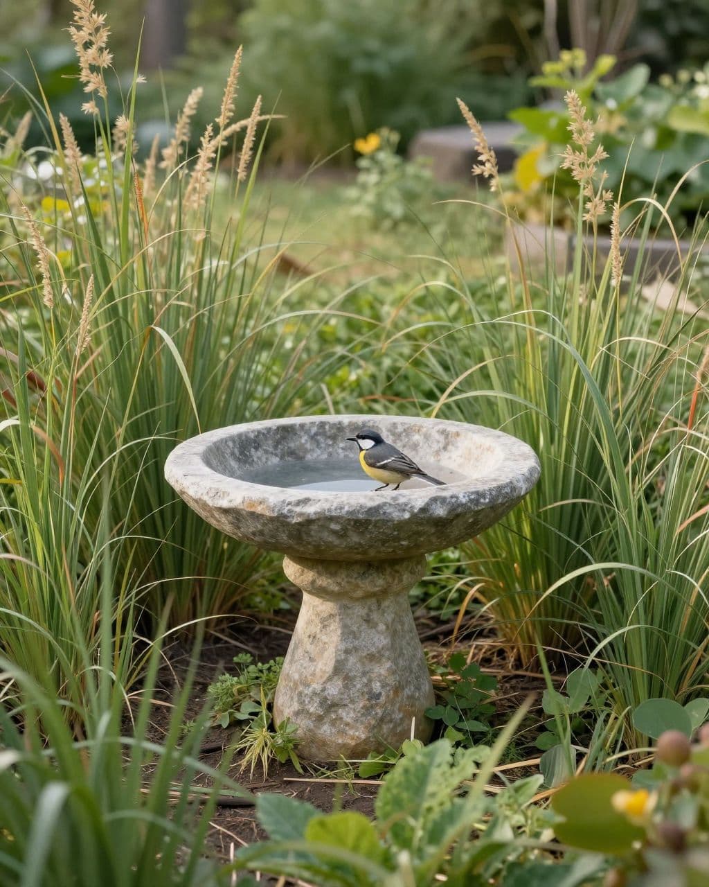 One bird rests beside a shallow stone bowl in native grasses.