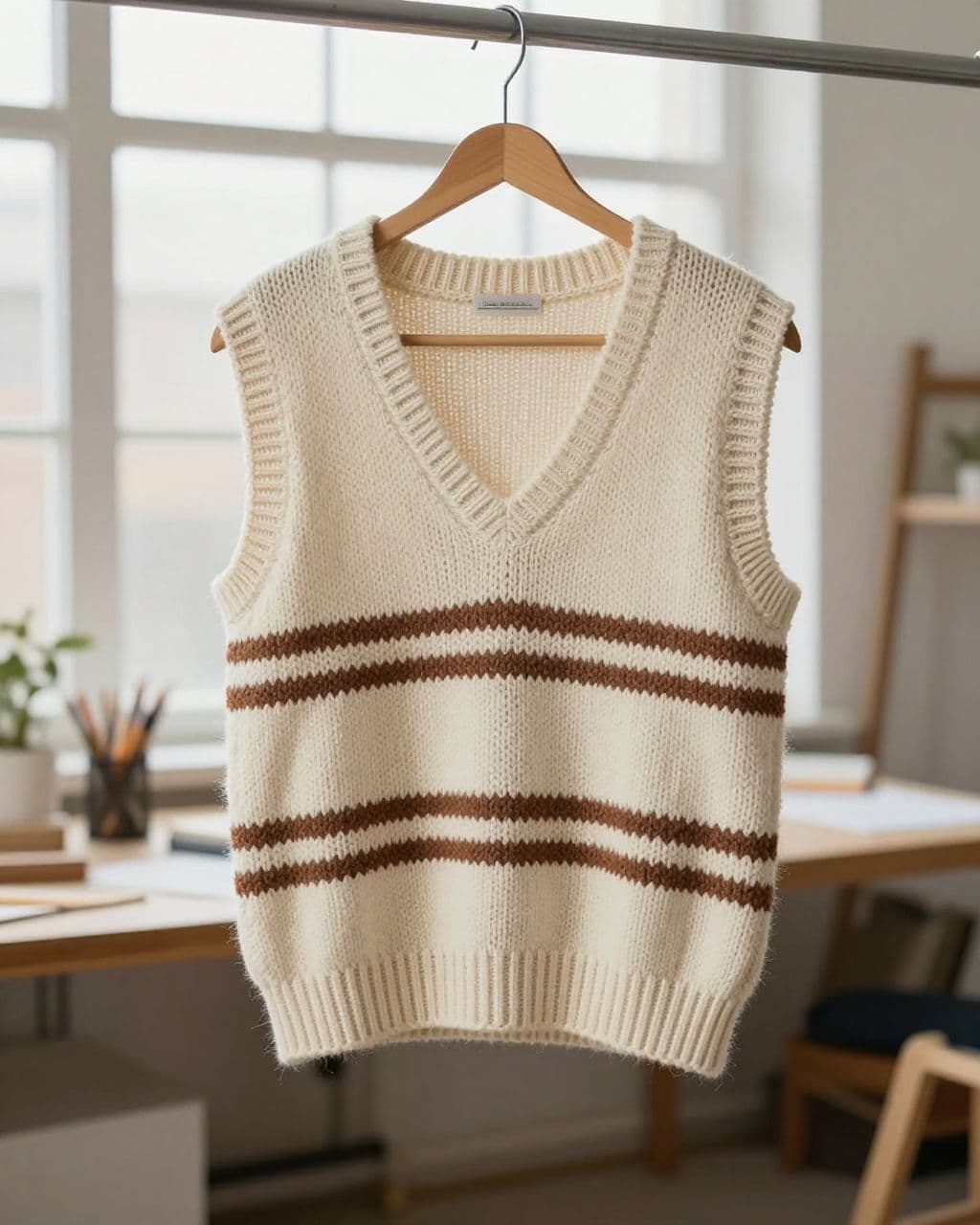 A cream knitted vest with brown geometric stripes hangs on a wooden hanger.