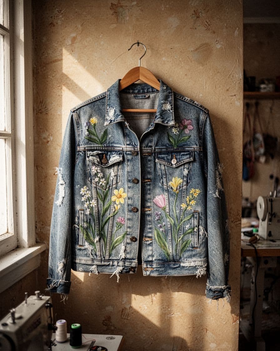 Distressed denim jacket with painted flowers hanging on a wooden hanger.