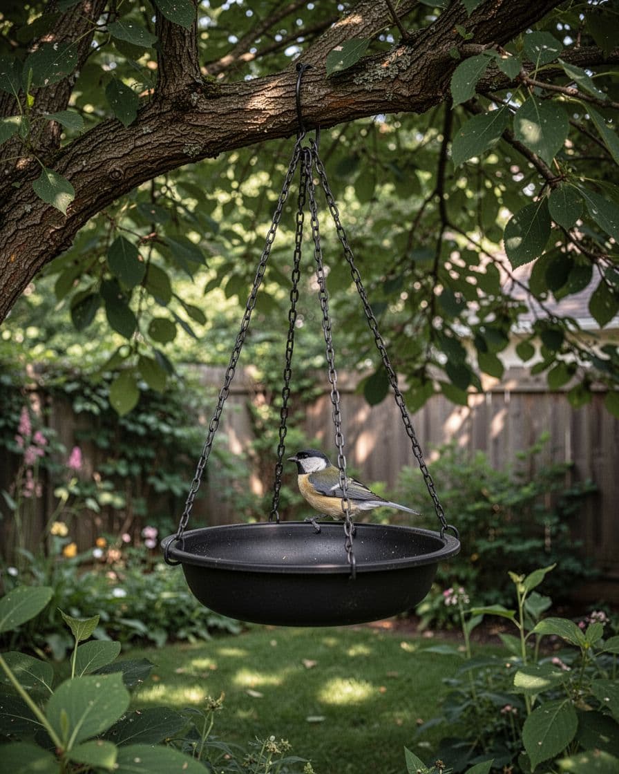 A black bowl bird bath hangs from a tree branch as one bird drinks.