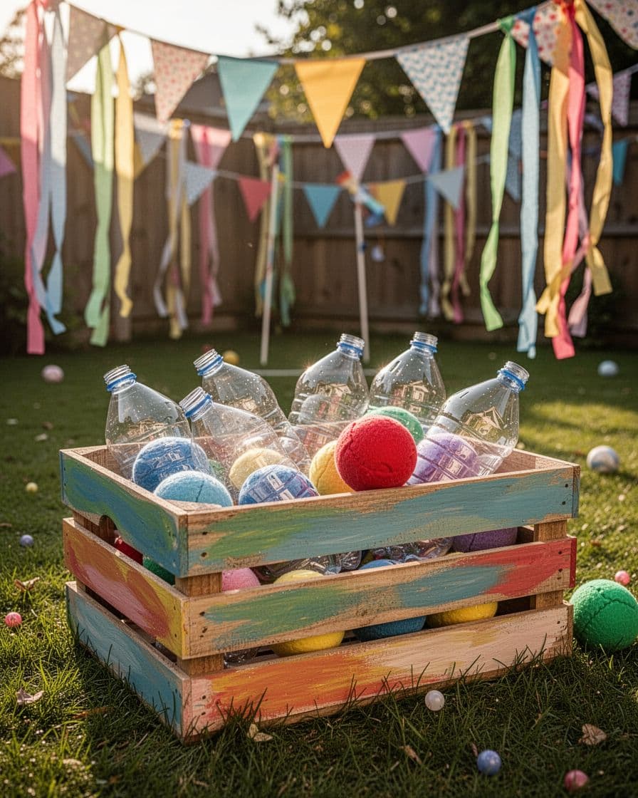 A wooden crate with plastic bottles and soft balls at a colorful backyard fair.