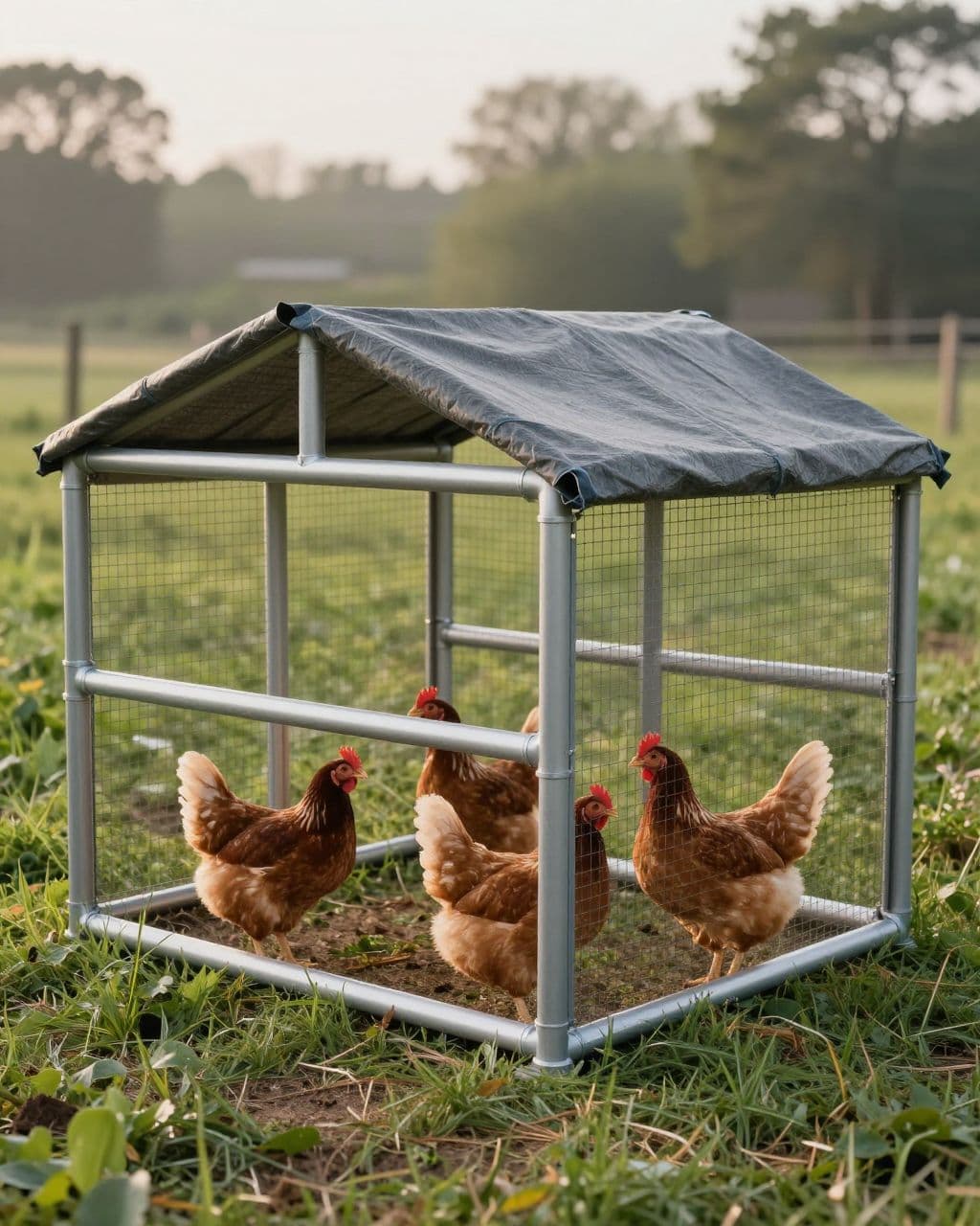 Four hens stand on grass inside a small hoop coop with a tarp roof.