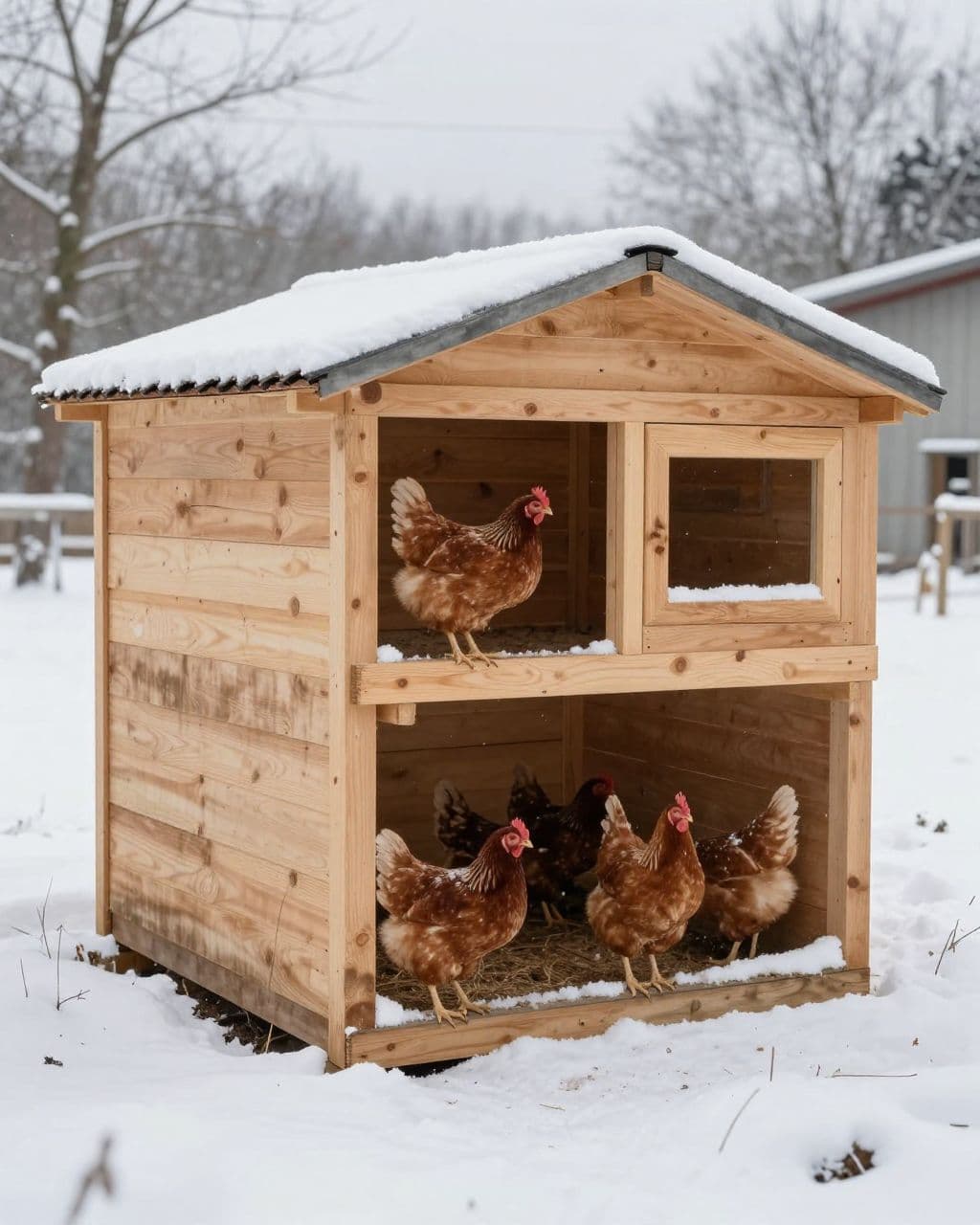 Five hens stand beside an insulated wooden coop with a covered run in light snow.