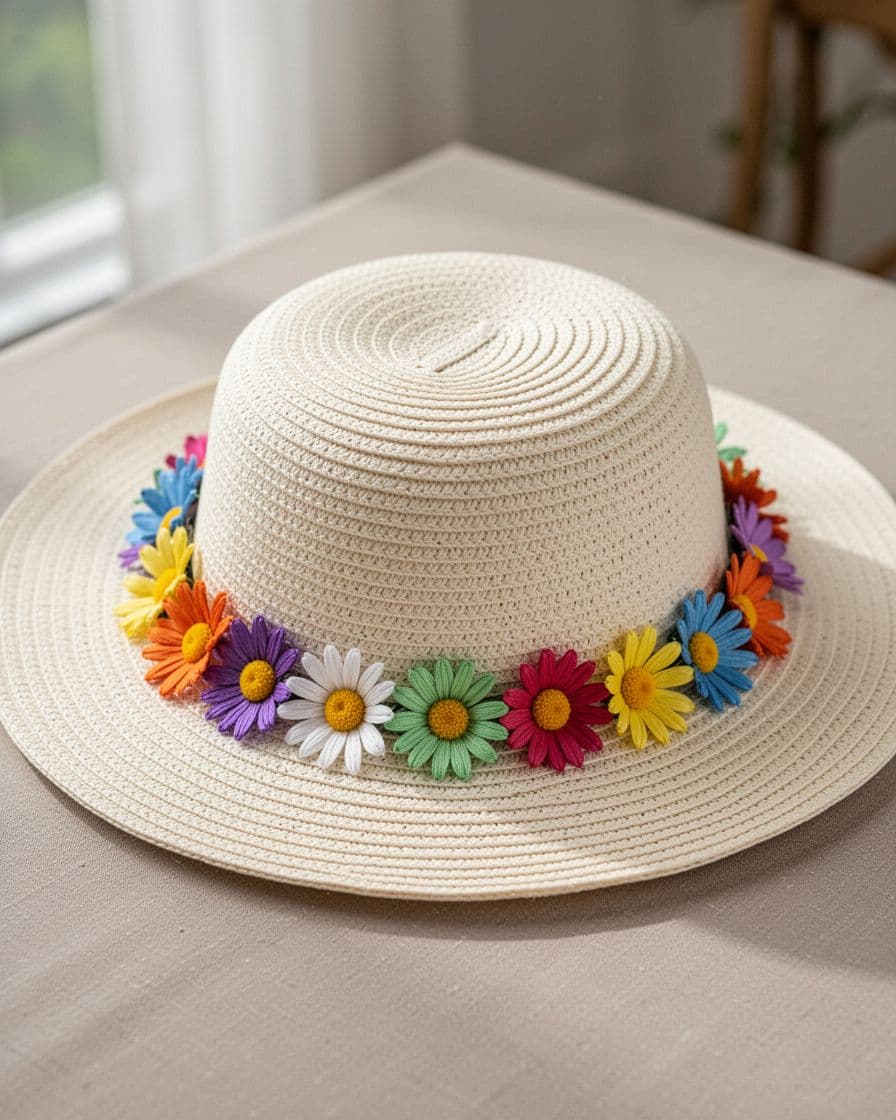 Cream straw hat with colorful daisies around the crown on a neutral table.