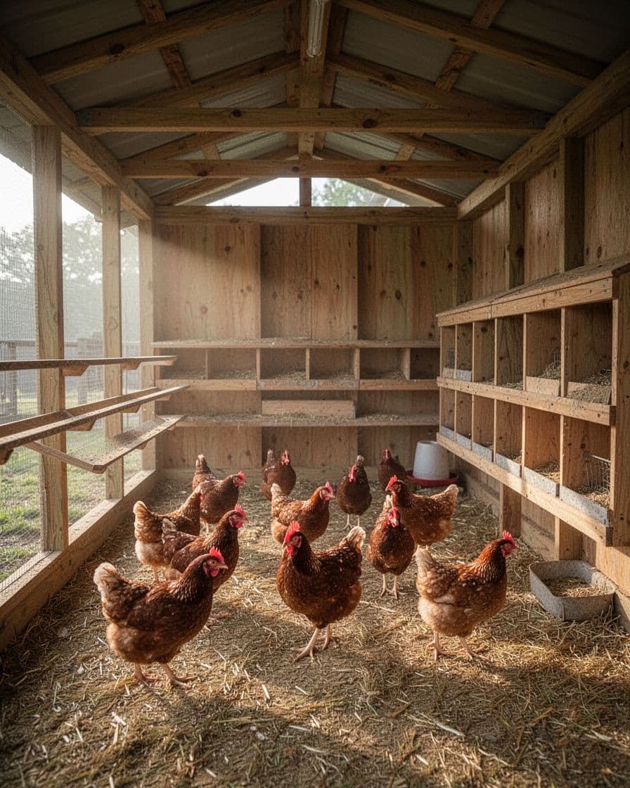 Ten hens gather around a large coop with a covered run and nesting boxes.