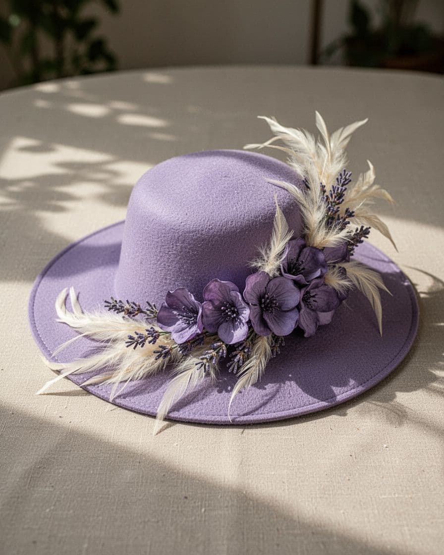 Lavender wide-brim hat with purple flowers and cream feathers on a tabletop.