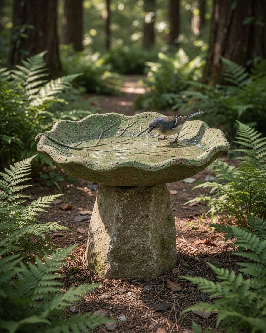A bird drinks from a leaf-shaped basin surrounded by ferns.