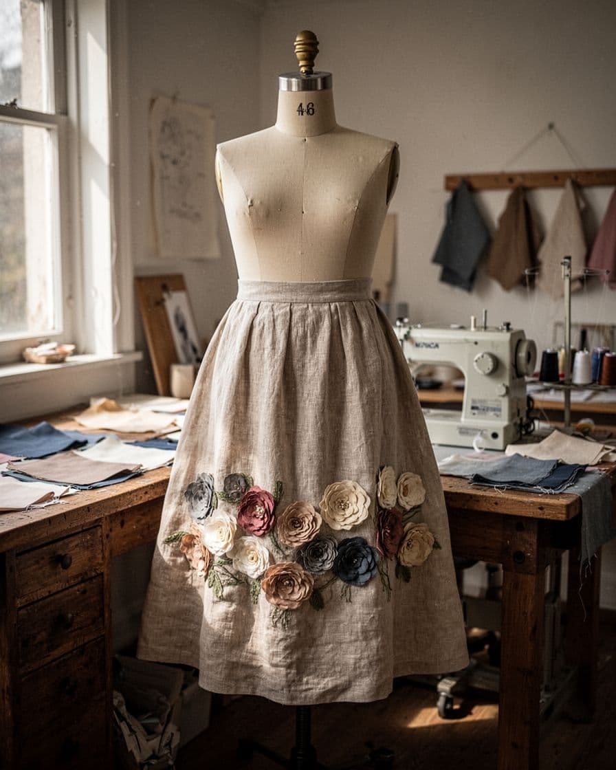 A linen skirt with fabric flowers displayed on a dress form.