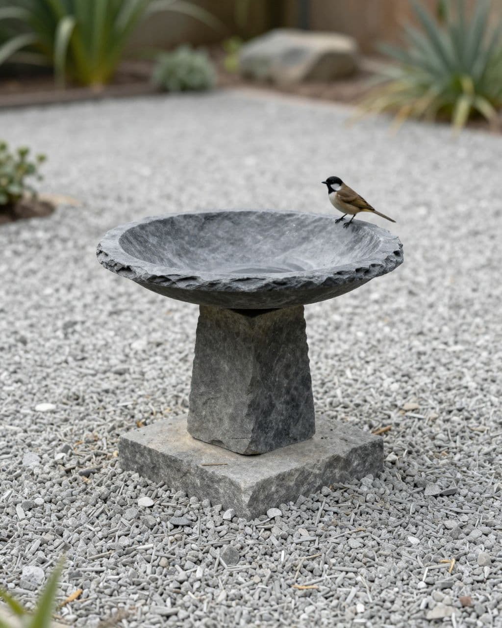 One bird beside a slate bath on a stone block in a gravel garden.