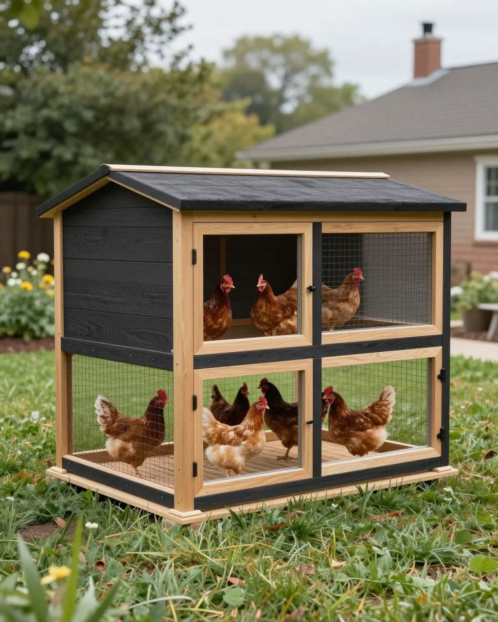 Modern black-and-wood chicken coop with six hens in a landscaped backyard.