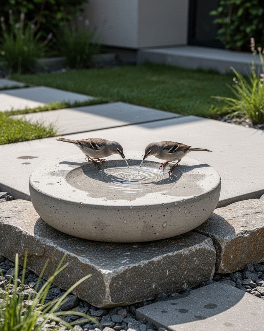A bird stands on a concrete bird bath in a modern garden.