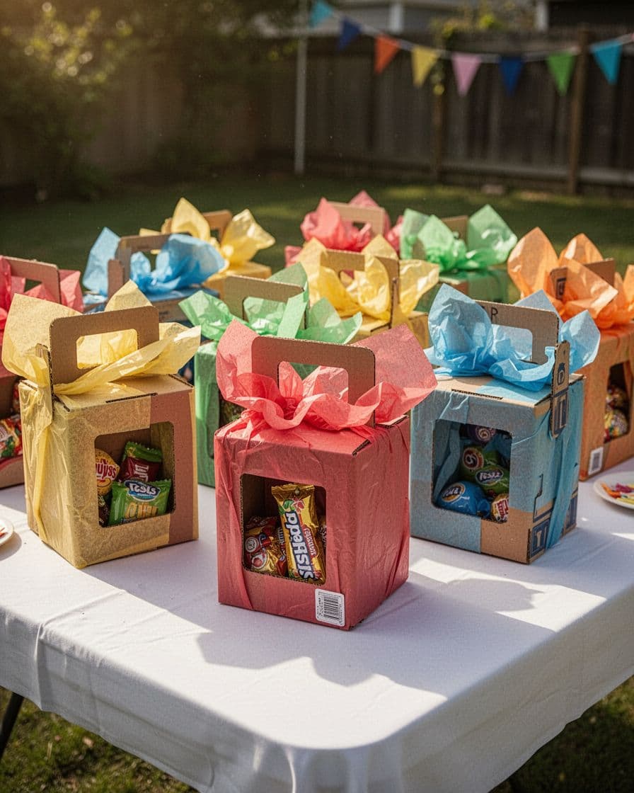 Colorful prize boxes with openings sit on a backyard party table.