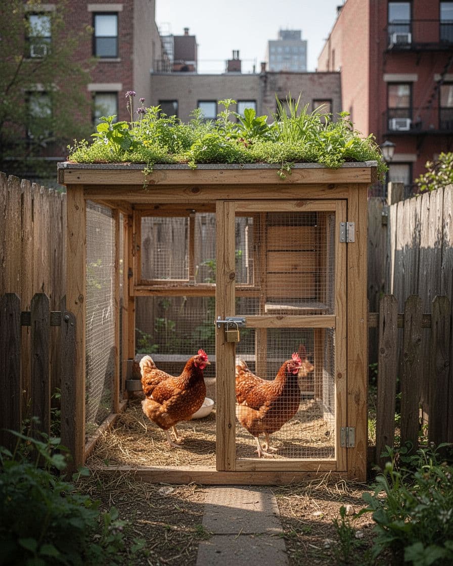 Two hens stand beside a compact coop with a green roof and lockable gate.