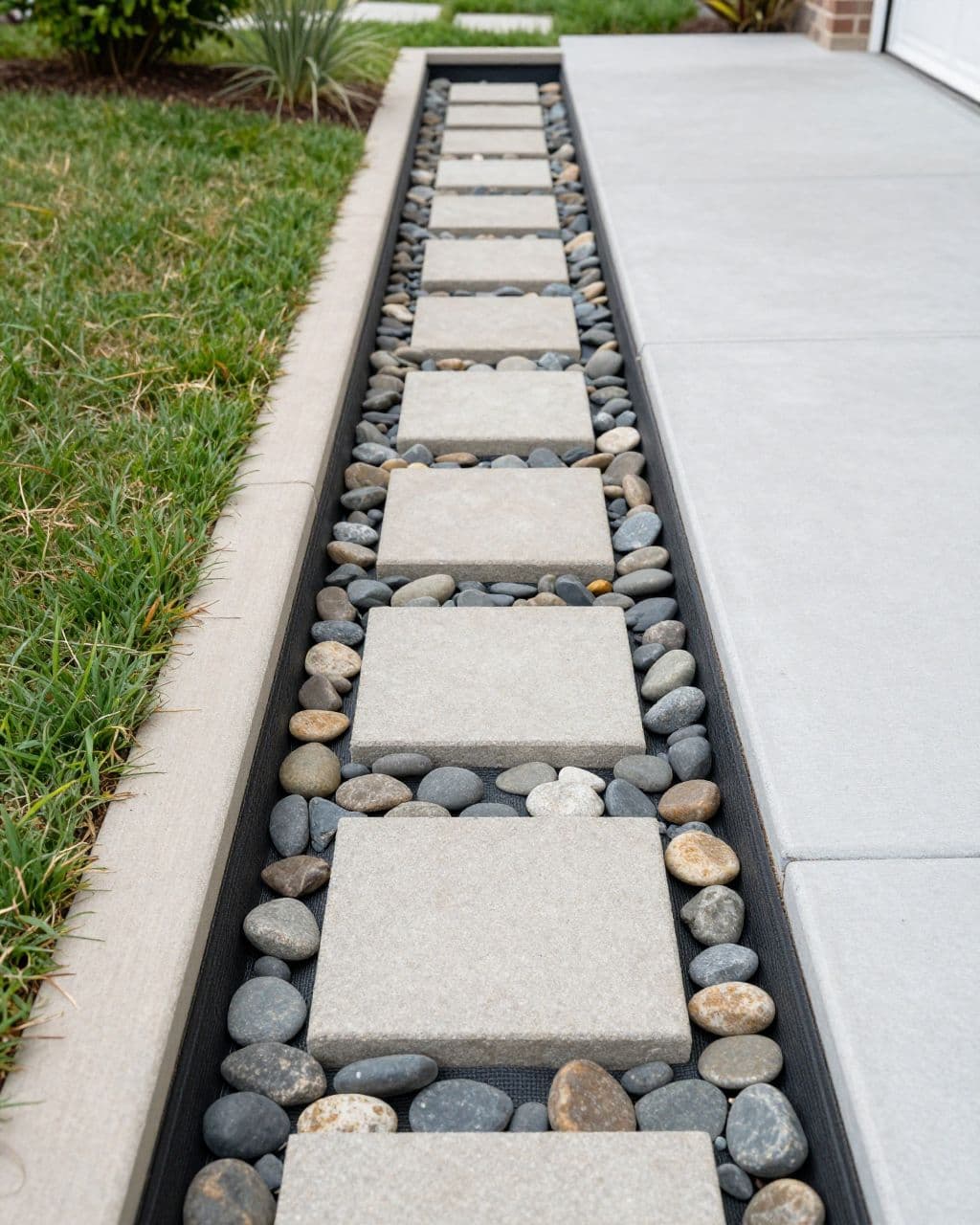 A rock-lined drainage channel with stepping stones beside a house walkway.