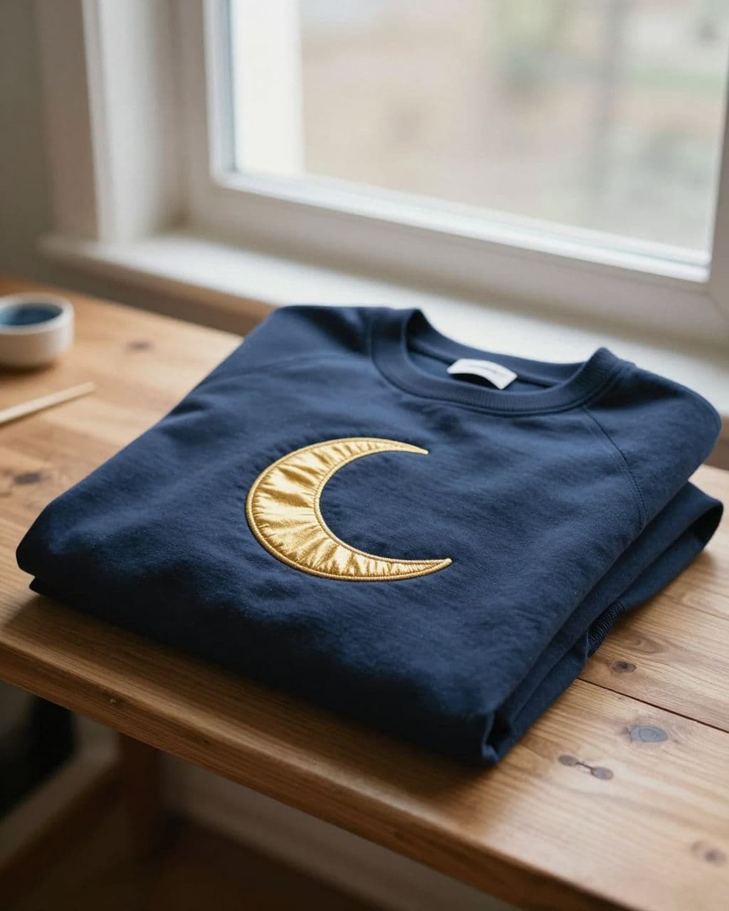 Folded navy sweatshirt with a gold crescent moon on a wooden bench.