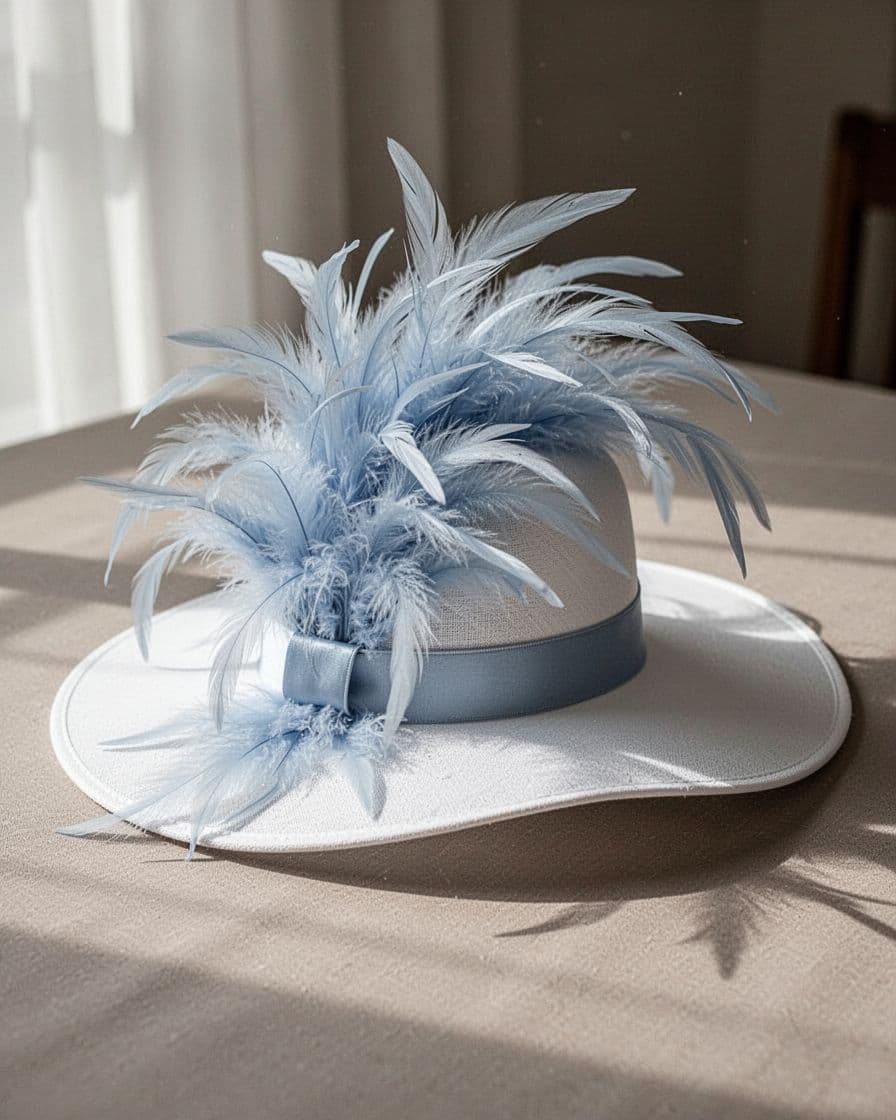 White Derby hat with pale blue feathers on a tabletop.