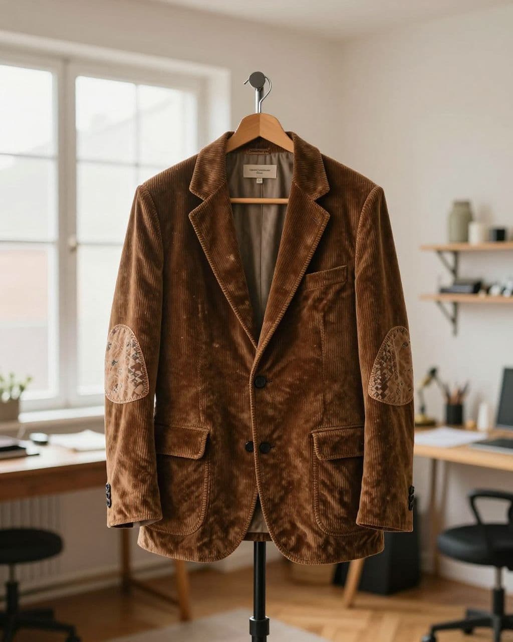A brown corduroy blazer with patterned elbow patches hangs on a wooden hanger.