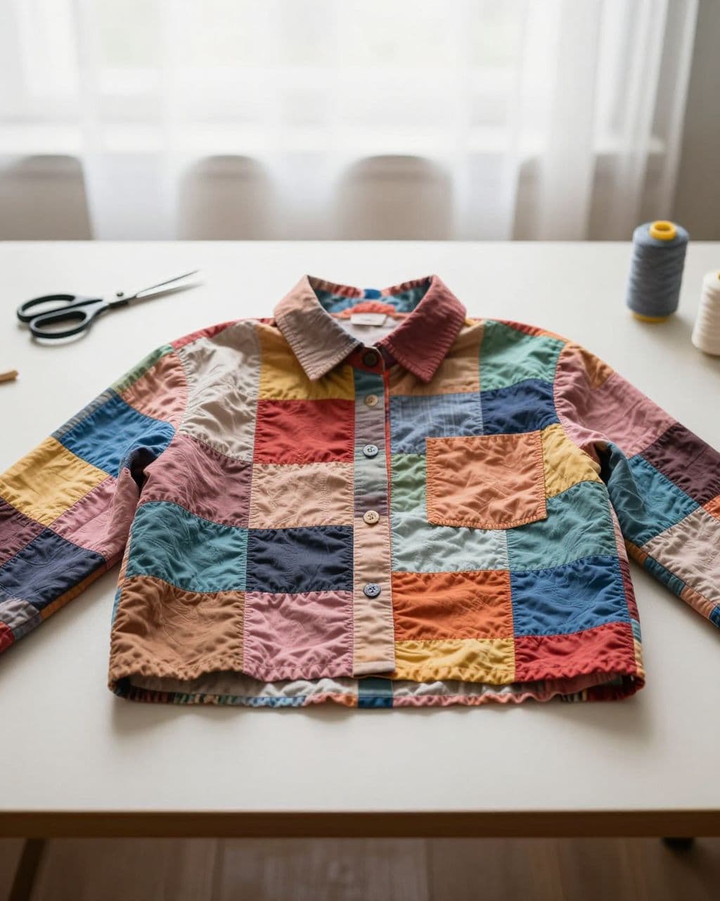 A colorful patchwork shirt rests on a craft table beside sewing supplies.