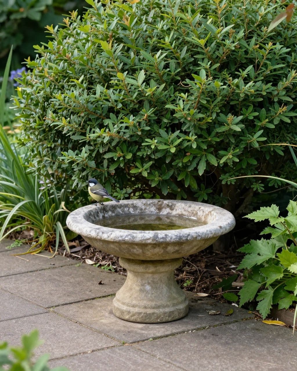 One bird beside a shallow stone planter bird bath along a shaded garden path.