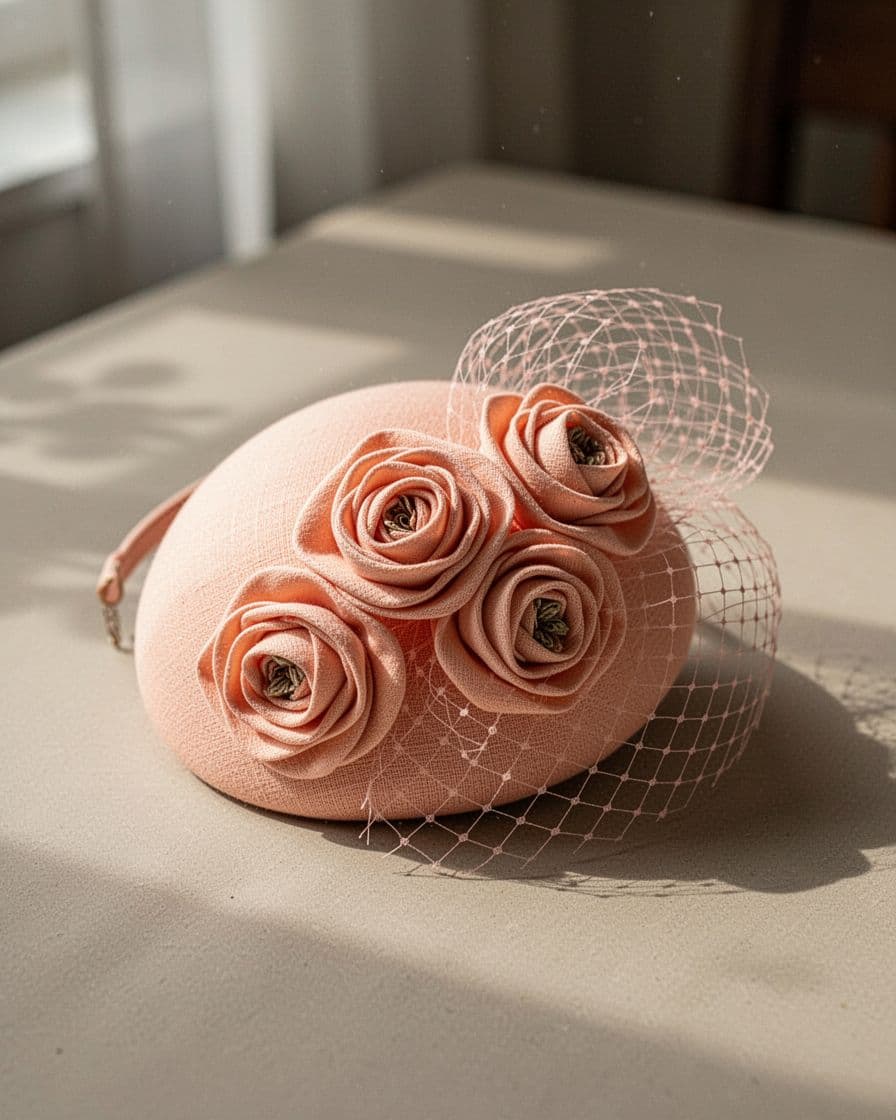 Peach fascinator with fabric roses and an angled veil on a neutral tabletop.