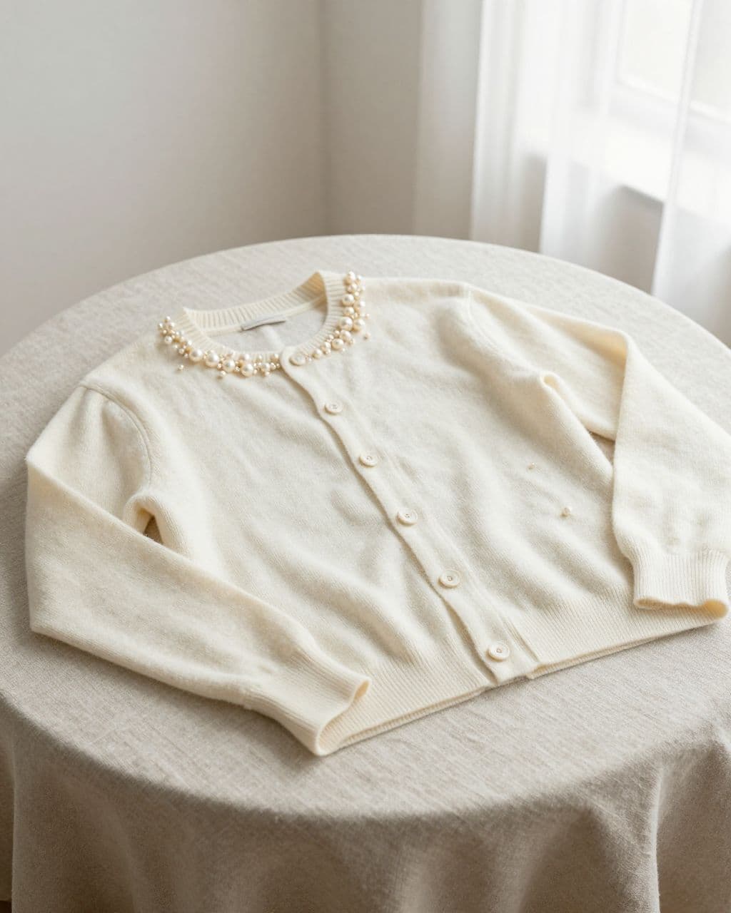 Cream cardigan with pearl and bead clusters along the collar on a linen table.