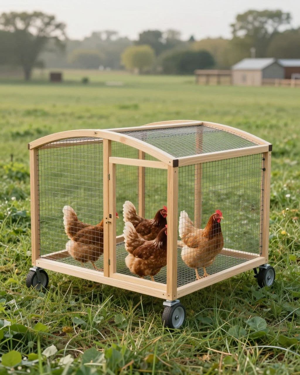 A wheeled chicken tractor with three hens on green pasture.