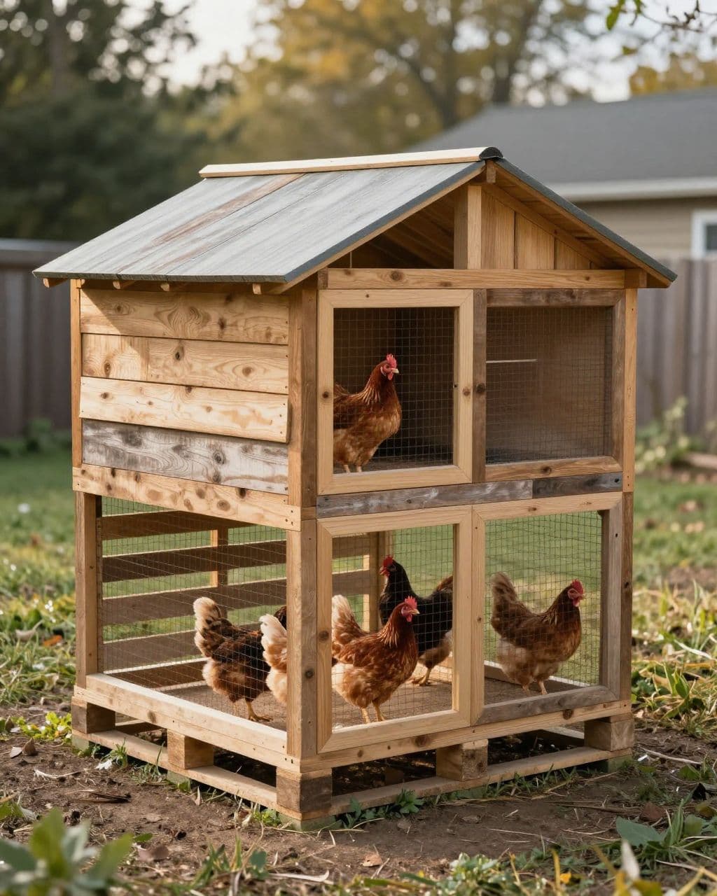 Rustic pallet coop with a pitched roof, attached run, and four hens.