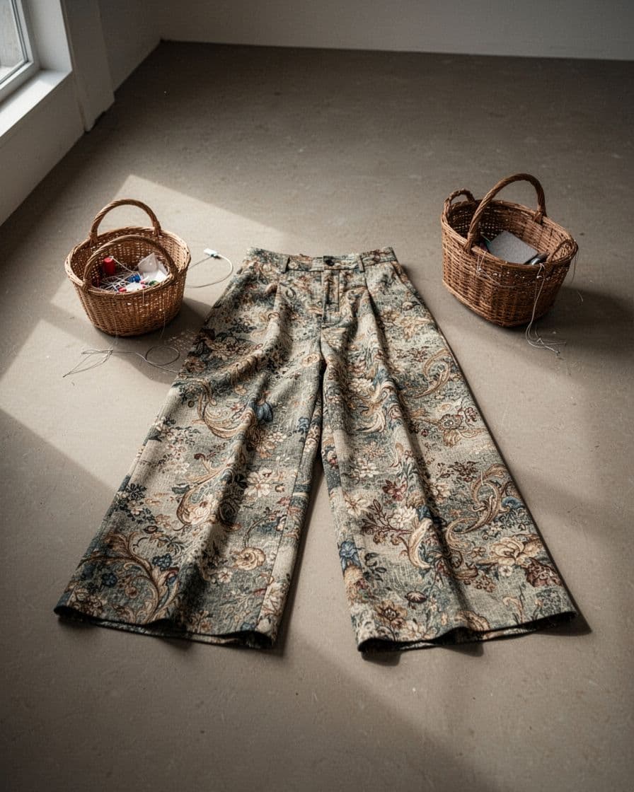 Patterned wide-leg pants made from recycled curtains beside a sewing basket.