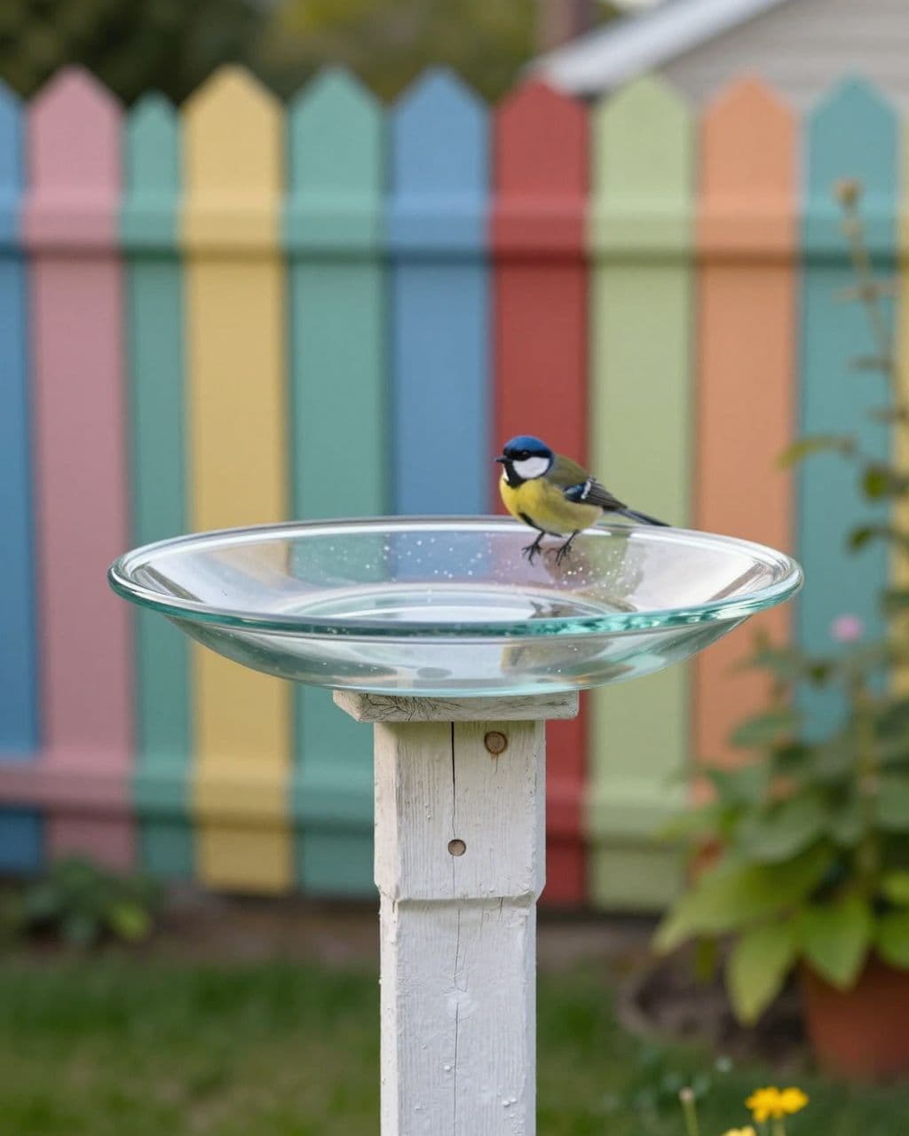 One bird stands beside a shallow glass dish on a painted wooden post.