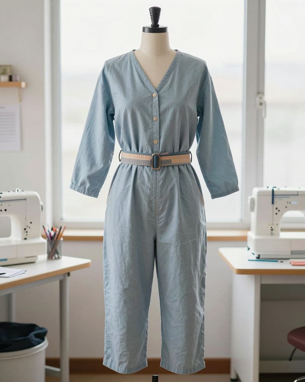 Cotton jumpsuit with a contrasting belt displayed on a dress form.