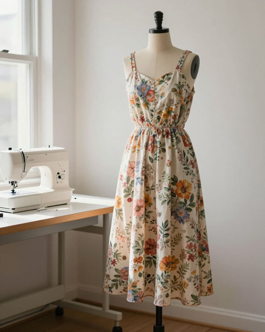 A floral midi dress on a dress form beside a sunny sewing table.