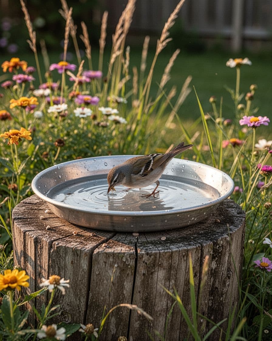 One bird visits a metal tray bird bath on a wooden stump among garden plants.