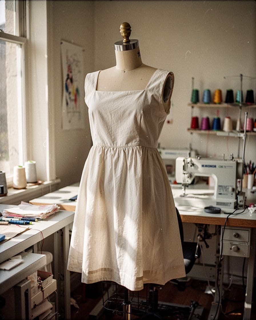 A shortened vintage cotton dress with a square neckline on a dress form.