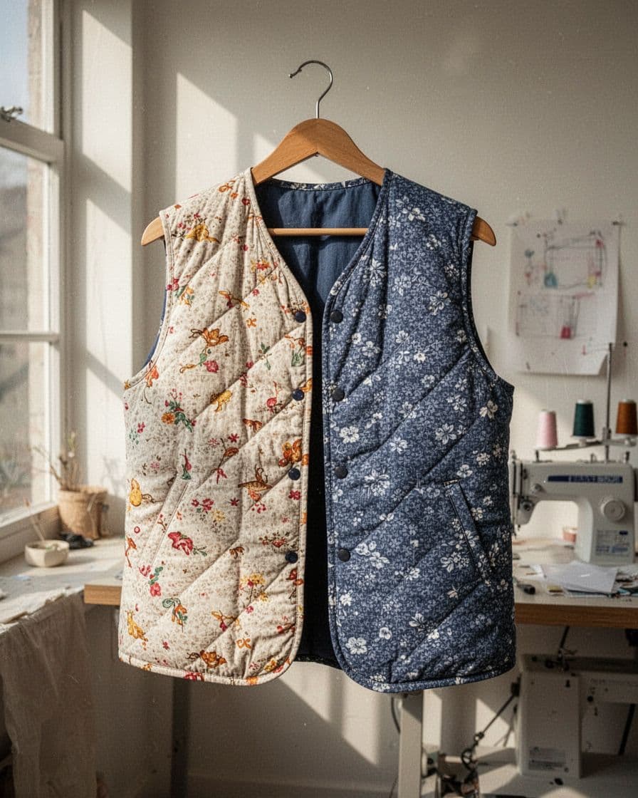An open quilted vest in two colorful fabrics hangs on a wooden hanger.